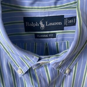 Ralph Lauren Men’s Button down long sleeve Blue and Green Striped Shirt 16 1/2 L